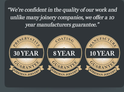 Guarantee badges, 30 year preservative, 8 year coating, 10 year manufacturers guarantee