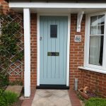 Hardwood Painted Cottage Style Door With Vision Panel And Curved Head